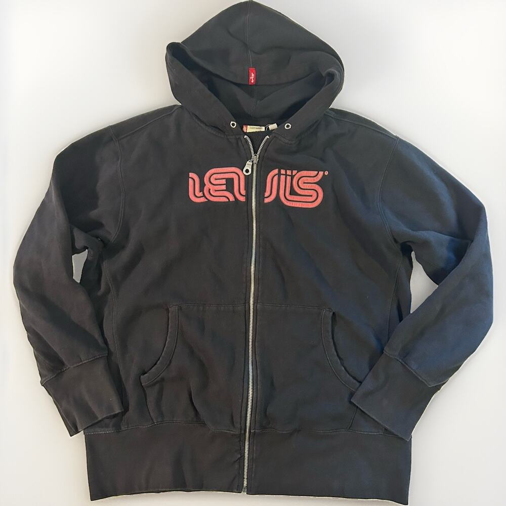 Vintage 2004 Levi's Red Tab Full Zip Hoodie Mens XL Black 70s Poster Logo Y2K